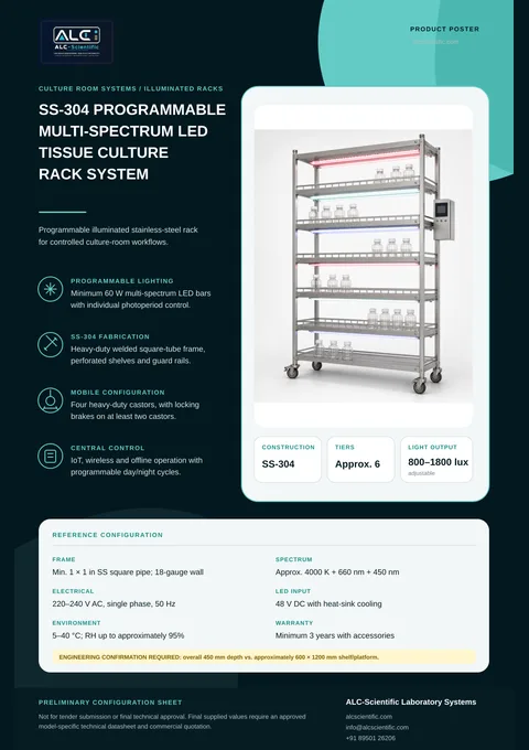 SS-304 programmable multi-spectrum LED tissue culture rack with approximately six illuminated tiers